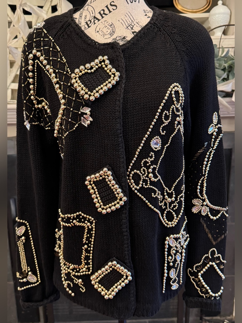 VTG 80s Maximalist Gold Beaded Studded Cardigan Sweater Black Mob Wife Rare Med
